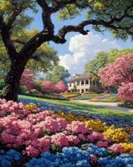 Naklejka premium A serene landscape showcasing a charming house surrounded by vibrant flowers and lush trees under a bright sky.