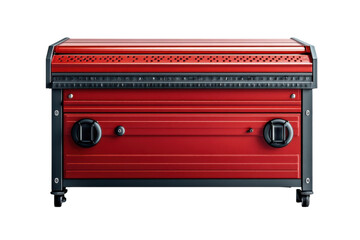 Obraz premium A Sleek, Crimson-red Industrial Workstation, A Symbol Of Precision And Efficiency, Rests On Sturdy Black Wheels, Showcasing Robust Construction And Modern Design Isolated on Transparent Background
