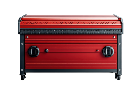 A Sleek, Crimson-red Industrial Workstation, A Symbol Of Precision And Efficiency, Rests On Sturdy Black Wheels, Showcasing Robust Construction And Modern Design Isolated on Transparent Background