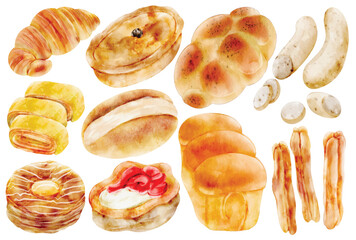 Watercolor Bakery and Breakfast Food Set, Hand Paint, Realistic, Sausage, Churro, Pretzel, Bread Roll, Brioche, Croissant, Puff Pastry, Jelly Filled Pastry, Vector, Illustration