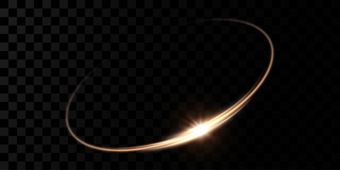 Abstract sparkling golden frame light effect on transparent background. Spark with ring glossy line.