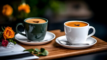 Obraz premium Two cups of coffee with heart shapes and flowers present