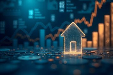 A glowing house icon is set against a backdrop of financial graphs, suggesting a focus on real estate and investments.
