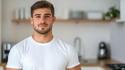 Caucasian adult male diligently washing dishes in a tidy organized kitchen interior  Responsible home chore and lifestyle routine