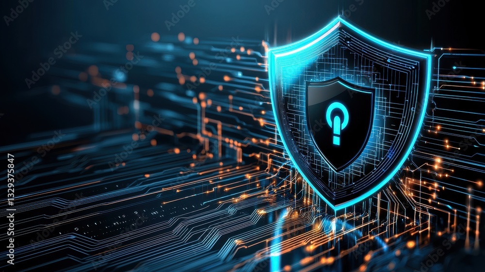Poster secure digital cybersecurity shield with futuristic glowing neon circuits and abstract background co