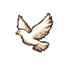 8-bit pixel art of a flying dove, white background, simple design, video game icon