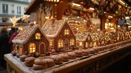 Obraz premium Festive gingerbread houses, illuminated at night