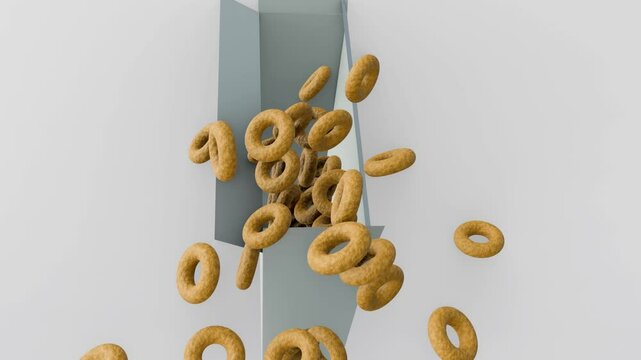 A 3d animation of numerous ring-shaped cereal pieces are cascading out of the box into white round bowl filled with milk in the white background.