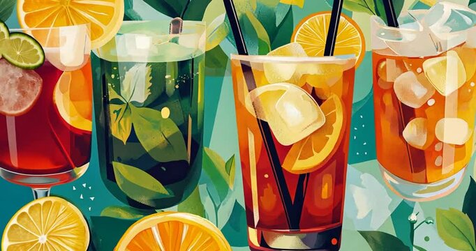 Colorful iced tea drinks, refreshing summer drinks, illustrated, pattern background, for social media, or product packaging