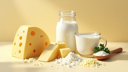 Dairy Products Arrangement with Swiss Cheese and Fresh Milk on Yellow Background