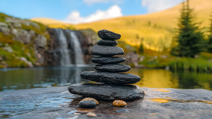 Stacked stones stand in front of water and scenic natural landscapes