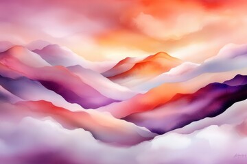 A soft watercolor painting of a sunset sky over a tranquil sea, with blending hues of gold, pink, and lavender creating a dreamy atmosphere
