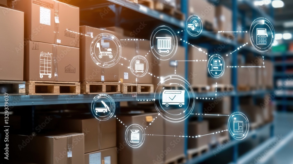 Poster automated warehouse with advanced technology and systems optimizing supply chain logistics inventory