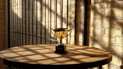 A conceptual scene of a trophy on a wooden table, sunlight casting a shadow, photorealistic.

