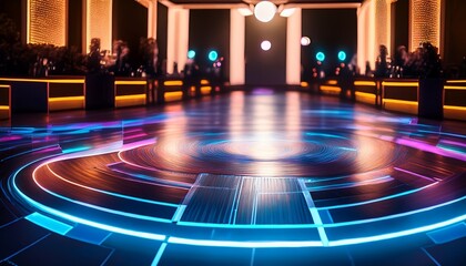 Obraz premium A futuristic dance club where the floor reacts to every movement, forming glowing patterns – an immersive, high-energy space where technology and dance merge in a vibrant, interactive experience