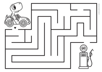 Vector printable maze for a very young child. Format A4. Coloring book educational maze with little dinosaur on car looking for a gas station. Landscape size.