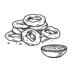 Hand-drawn vector illustration of onion rings, with a bowl of dipping sauce on the side. The vintage engraving-style sketch for pub menus, beer snack branding, and fast food illustrations.