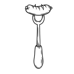 Hand-drawn  vector illustration of a grilled sausage on a fork. The vintage engraving-style sketch, beer snack, it perfect for BBQ restaurant branding, Oktoberfest promotions, and pub menu designs