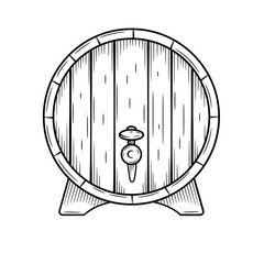 Hand-drawn black and white vector illustration of a wooden beer or wine barrel with a tap, viewed from the front. Vintage engraving-style, perfect for breweries, wineries, pubs, and beverage branding.
