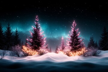 Naklejka premium A surreal snowy landscape with abstract Christmas trees glowing softly in shades of purple and teal under an aurora-lit sky