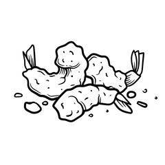 Hand-drawn tempura shrimp illustration in vintage sketch style, perfect for seafood menus and Asian cuisine branding, pub food and beer snack designs
