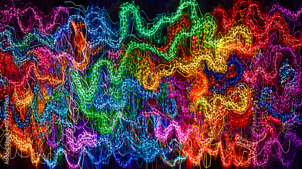 Poster a stunning display of colorful lights forming abstract patterns through artistic algorithms and crea