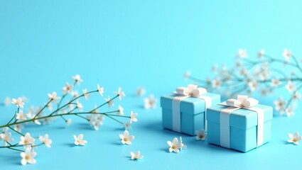 Elegant Blue Gift Boxes with White Ribbons and Floral Accents