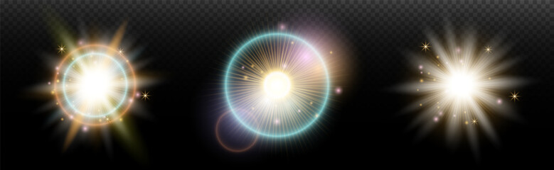 Set of flash light effect with glare and glow on a transparent background. Magic, rainbow glow, shining light, stars, optical flares for design, photomontage, New Year and holiday projects.