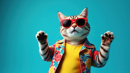 Anthropomorphic Tiger in a Colorful Jacket on a Solid Teal Background