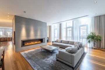Modern living room with fireplace, hardwood floors, and large windows.