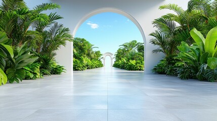Tropical garden path framed by white arches and plants