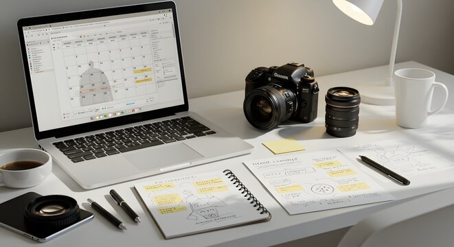 Photographer's workspace featuring digital tools and traditional planning methods