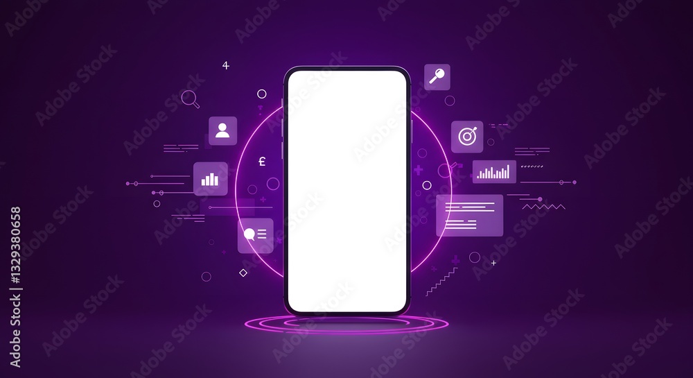 Poster futuristic mobile interface with neon accents for modern application display