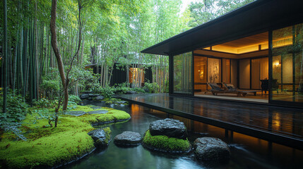 Obraz premium Modern house with dark wood deck overlooking a serene Japanese garden, featuring moss, rocks, and bamboo, showcasing tranquility and minimalist design