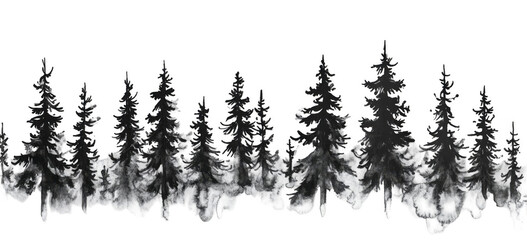 drawing of pine trees, isolated on a white background, vector illustration, brushwork design