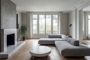 Fototapeta premium Modern living room with fireplace, large windows, and sectional sofa.