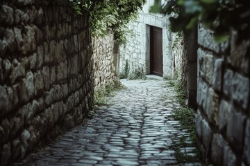 A quaint cobblestone alleyway bordered by rustic stone walls, inviting exploration of its historic charm and mystery.