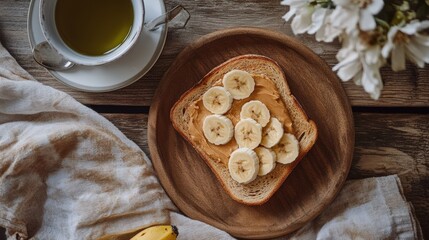 A plate of toast with banana slices and a cup of tea