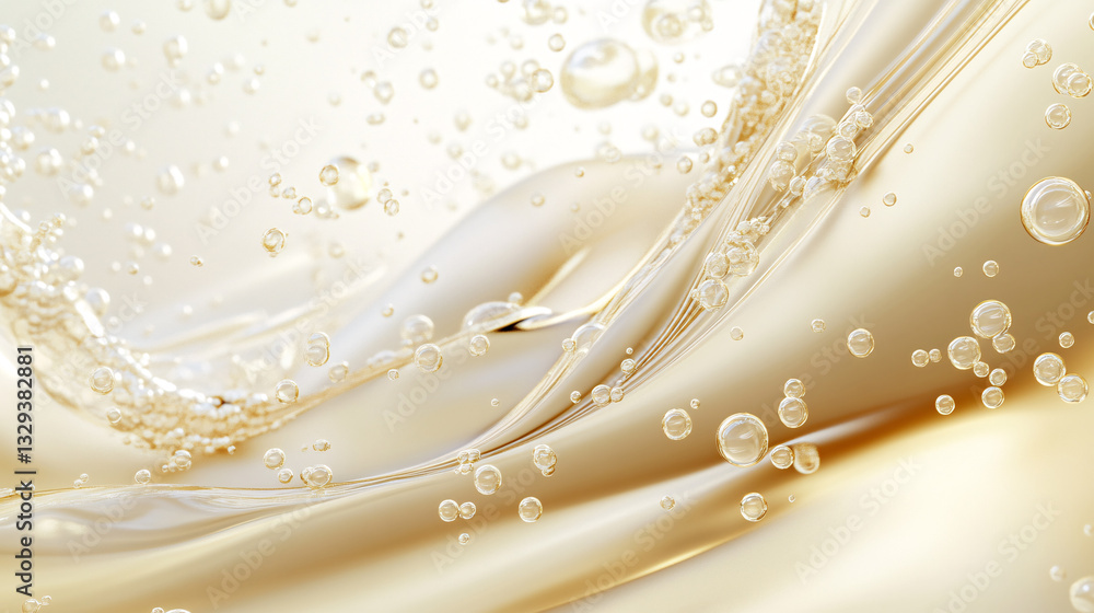 Poster abstract closeup of sparkling golden liquid with bubbles, shimmering and flowing texture, luxurious 