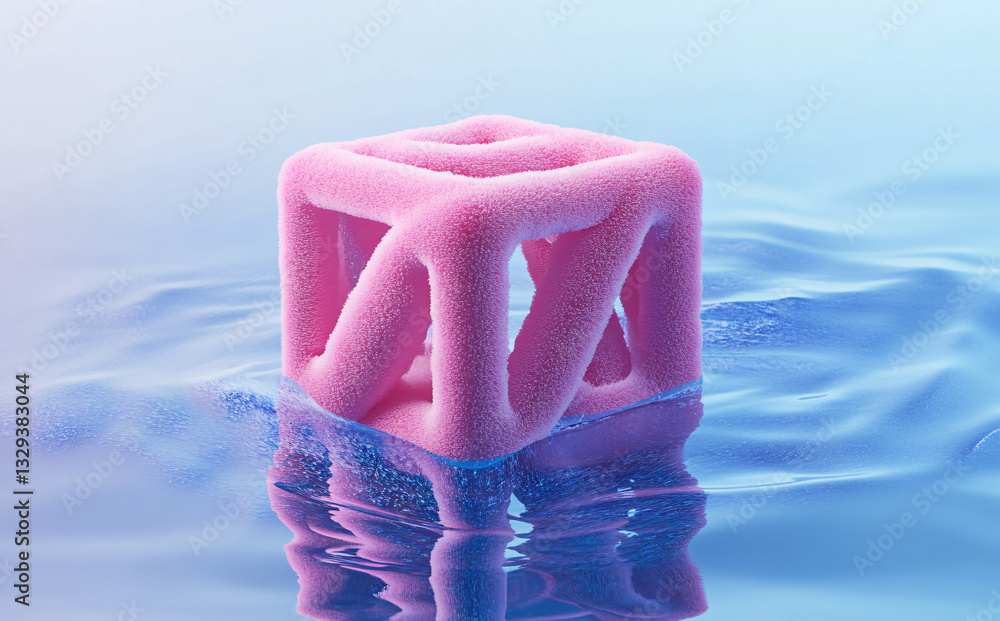 Poster pink fuzzy cube floating on calm blue water a surreal 3d render