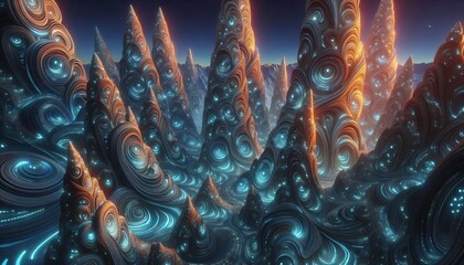 Obraz premium Massive Contoured Towers with Bioluminescent Patterns