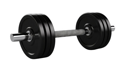 "A classic iron dumbbell with black and silver weight plates, featuring a knurled grip handle, isolated on a transparent background. The clean and simple design