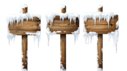 Snow-covered wooden signposts with delicate icicles hanging down, isolated on transparent background, creating a winter wonderland effect