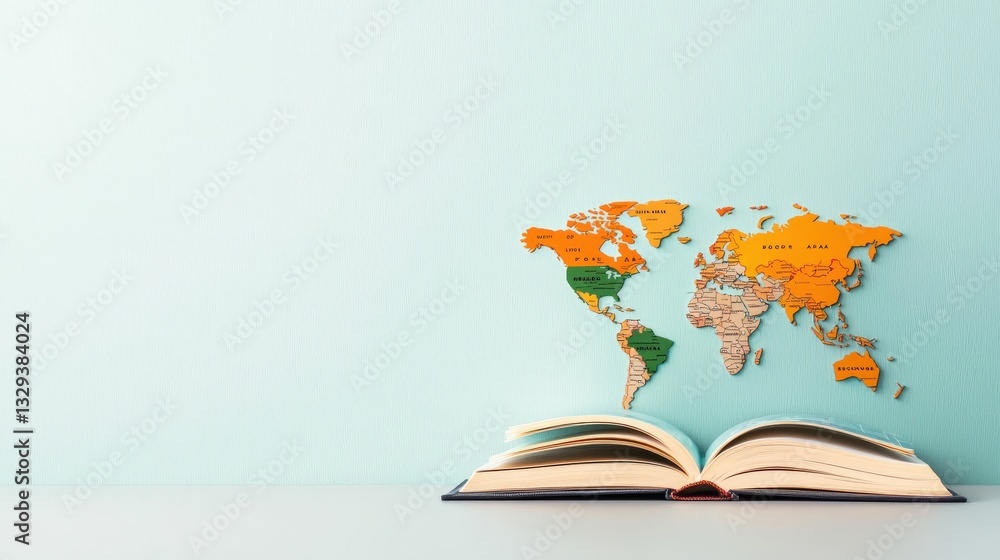 Poster an open book with pages turning into a map of the world.