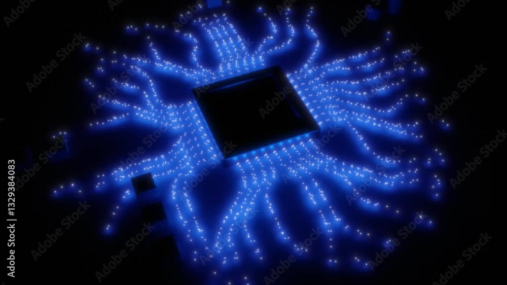 Poster light signals. processor in the dark with blue data streams.