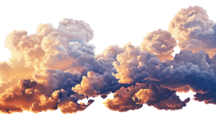 "The last light of sunset casting long shadows on fluffy clouds, isolated on transparent background, creating a calm evening atmosphere.