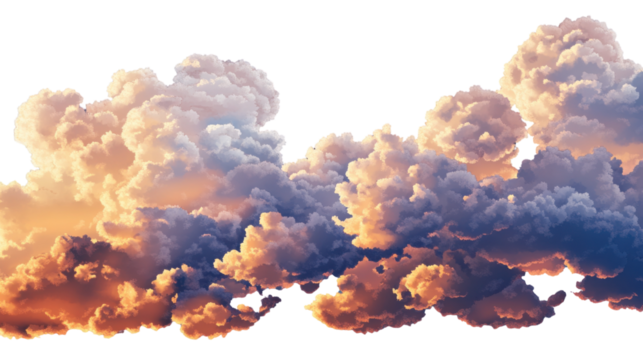 "The last light of sunset casting long shadows on fluffy clouds, isolated on transparent background, creating a calm evening atmosphere.