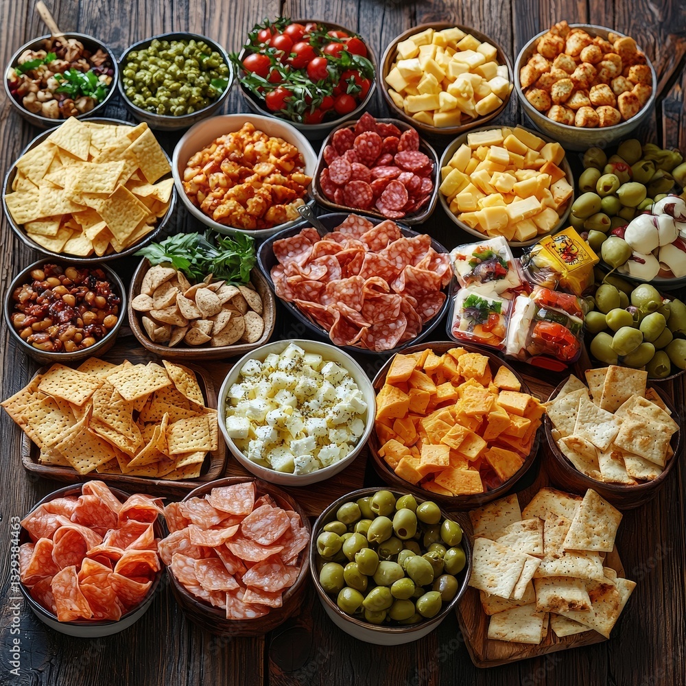 Aufkleber a colorful array of various snacks including chips, nuts, and dips perfect for any gathering or part