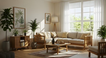 Fototapeta premium Modern Living Room with Wooden Furniture and Indoor Plants