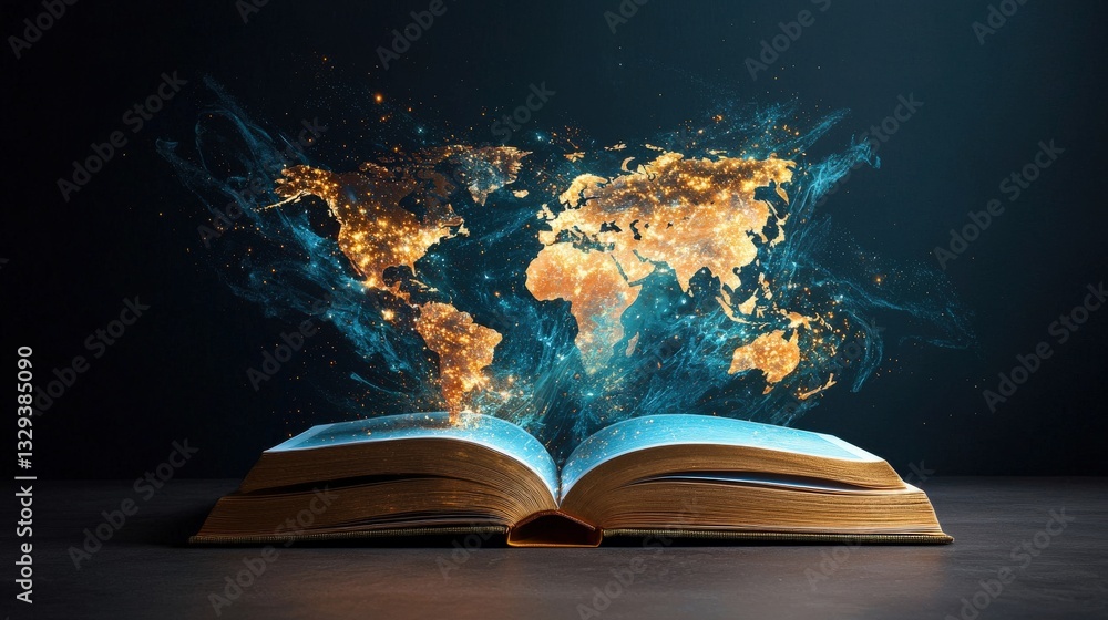 Poster an open book with pages turning into a map of the world.